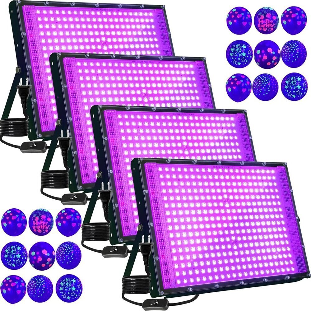 4 Pack UV Blacklight 300W LED Lamps - 336 LEDs for Glow Parties & Halloween